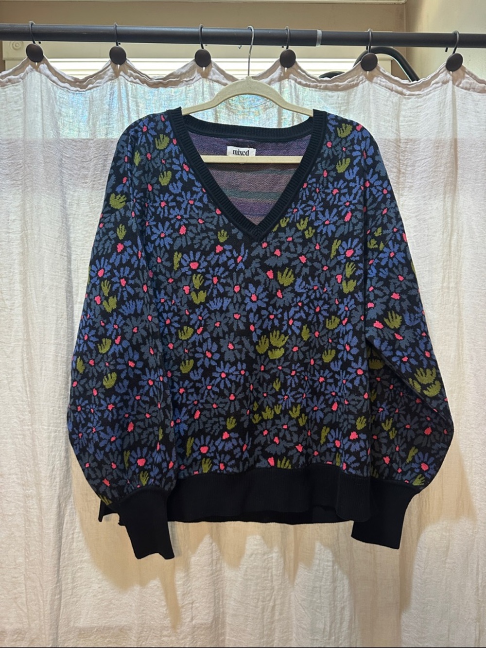 Mixed Floral V-Neck Sweater by - Navy with Pink & Olive Floral
